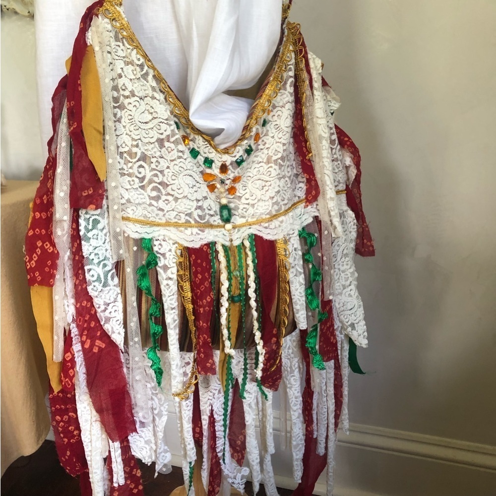 Bohemian Gypsy Crossbody Bag w/gold,green,red stripes & cream lace and fringe - Picture 6 of 17